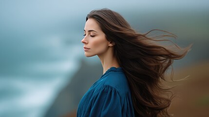 Serene Woman with Flowing Hair Gazing into the Distance by the Ocean Shore at Dusk, Capturing the Beauty of Nature and Tranquility with Soft Natural Lighting