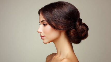 Elegant Profile Portrait of a Woman with Smooth Brown Hair in a Perfectly Styled Bun Against a Neutral Background Showcasing Beauty and Grace