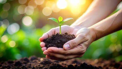 Cupped hands holding a vibrant green seedling with rich soil under golden sunlight