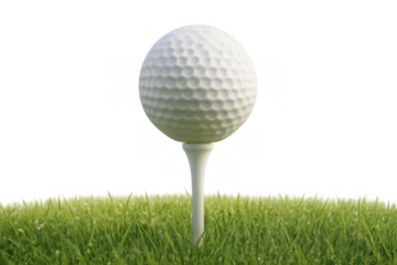 Golf ball sitting on a tee in the grass, ready for a swing, transparent background ideal for sports projects