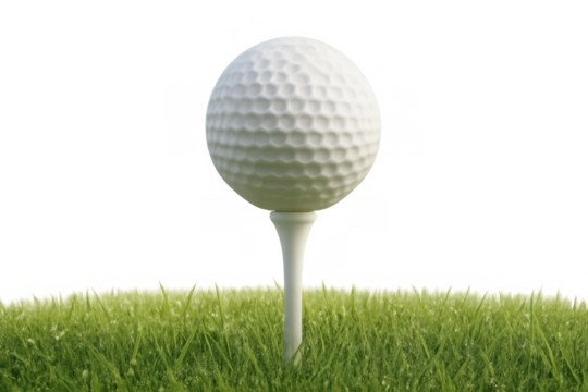 Golf ball sitting on a tee in the grass, ready for a swing, transparent background ideal for sports projects