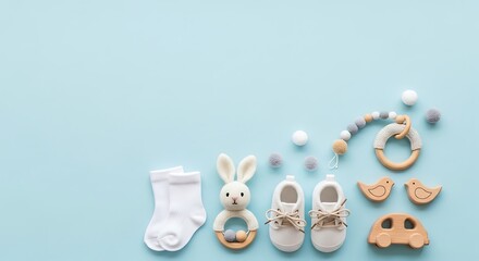 Collection of baby essentials including socks, toys, and shoes arranged neatly on a light blue background