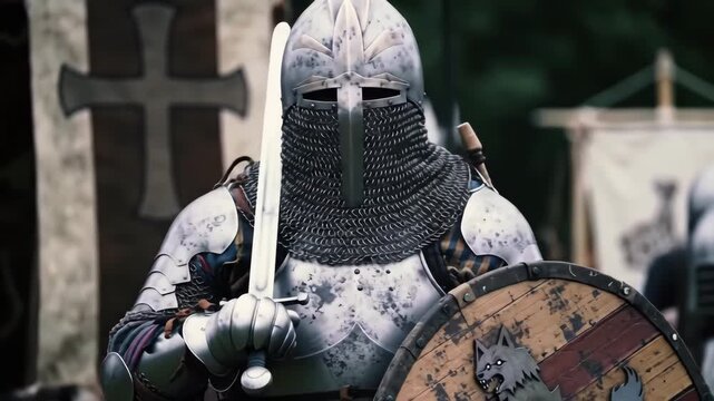 Knight in medieval armor, holding sword and shield, posing outdoors with cross in background, for historical content