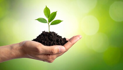 Hand holding a young green plant seedling in soil against a blurred green background