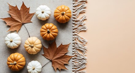 Fototapeta premium Autumn harvest of mini pumpkins and dry maple leaves arranged on a knitted blanket, top view