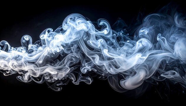 A mesmerizing capture of swirling, wispy smoke against a stark black background. Delicate shades of blue and white
