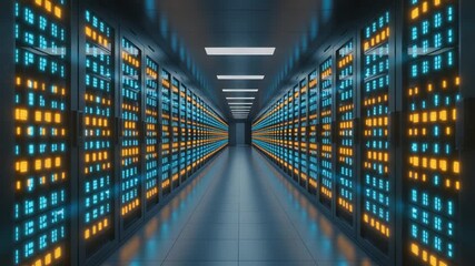 Abstract representation of a modern data center with endless servers forming a network grid on a dark background - Powered by Adobe