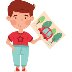 Joyful Young Boy Proudly Displays His Colorful Childish Drawing of a Red Car and Green Trees Against a White Background