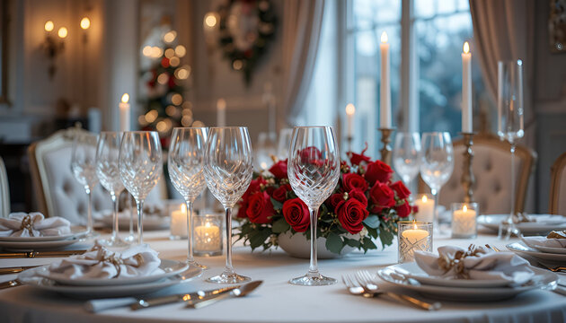 Elegant christmas dinner table setting with red roses and candles creating a festive atmosphere