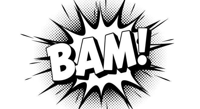 Comic book style bam sound effect with halftone dots and starburst explosion