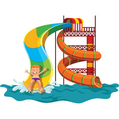 Joyful Young Boy Slides Down a Colorful Water Slide into Blue Water Splashing with Excitement