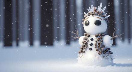A charming snowman with a crown of ice and berries stands in a snowy forest as snowflakes gently fall.