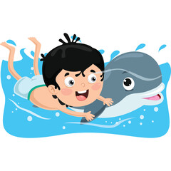 Joyful Young Boy Swimming Alongside Dolphin in Clear Blue Water on Transparent Background with Water Splashes