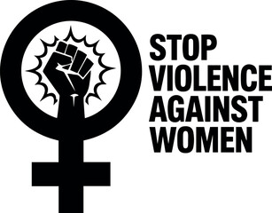 Vector black feminist symbol with raised fist and stop violence against women text on a transparent background