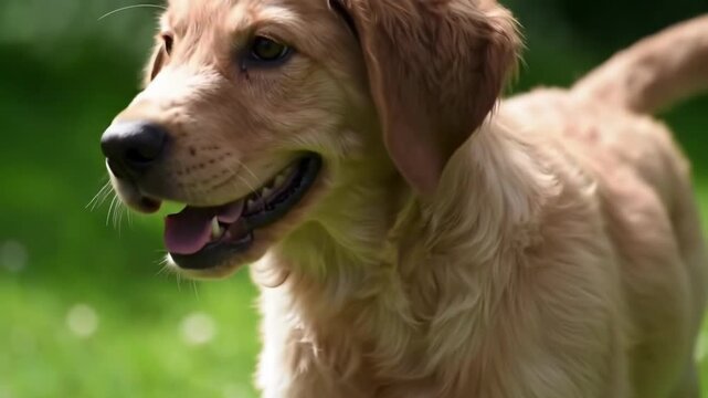 Playful golden retriever puppy running on grass, blurred green background, for pet care or veterinary uses - Powered by Adobe