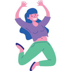 Joyful Woman In Purple Top Green Pants Jumping With Arms Raised Mid Air Transparent Background Energetic Pose