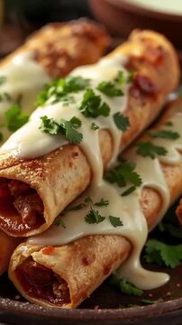Golden Fried Taquitos Topped with Creamy Queso Sauce and Fresh Cilantro