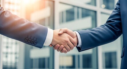 Two businessmen shaking hands in agreement outside a modern office building, symbolizing partnership