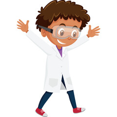 Joyful young boy wearing a white lab coat and safety goggles with arms outstretched in a fun pose isolated on a transparent background celebrating science and discovery with enthusiasm