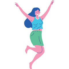 Joyful Woman With Blue Hair In Cyan Tank Top And Green Skirt Jumping With Arms Raised In A Celebration Of Happiness And Freedom