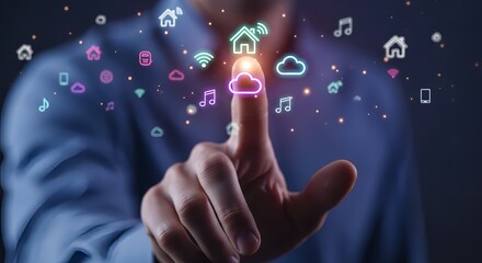 Smart home control at your fingertips with vibrant glowing icons and modern technology