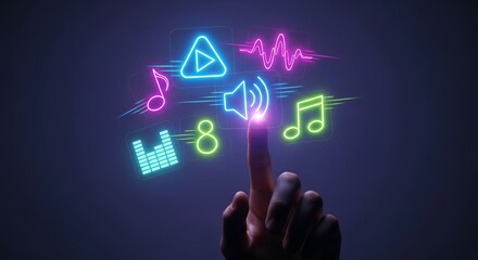 Immersive audio experience with neon music icons and touch control for digital media