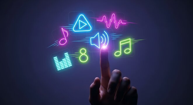 Immersive audio experience with neon music icons and touch control for digital media - Powered by Adobe