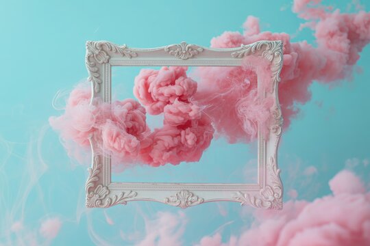 Pink smoke in a white vintage frame against a light blue background