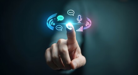 Connect with a touch! Modern hand activates communication icons for global network
