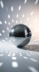 Silver disco ball casting reflections on neutral background, modern New Year atmosphere 