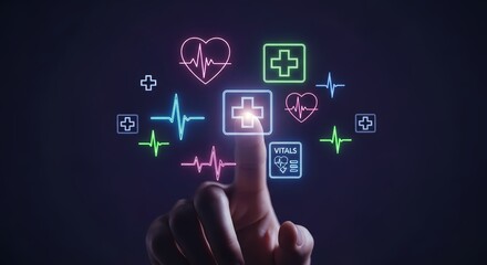 Touchscreen health vital checkup with glowing neon icons for innovative medicine
