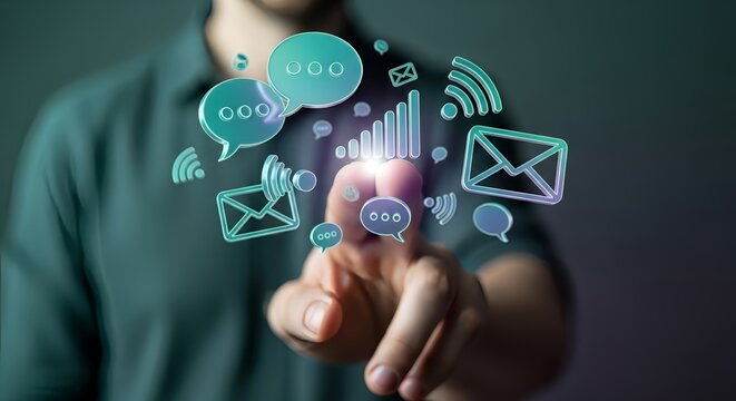 Man touching vibrant social media network icons with finger on interactive screen