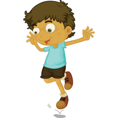 Joyful young boy in a blue t-shirt and brown shorts mid-jump with energetic pose and excited expression isolated on white background
