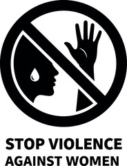 Vector illustration of a prohibition sign featuring a woman's face with a tear and a raised hand inside