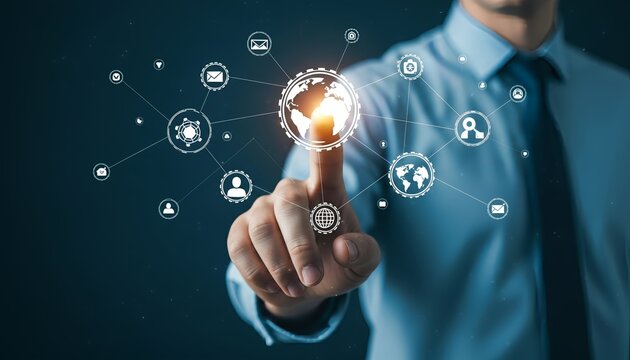 Man taps virtual globe on sleek interface for innovative global business solutions