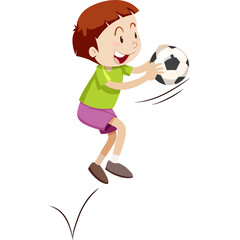 Joyful Young Boy In Green T Shirt Purple Shorts Happily Playing With Soccer Ball Mid Air Against White Background