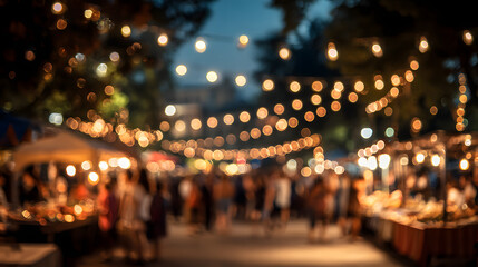 Magical evening market illuminated by warm string lights