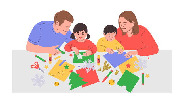 Creative Family Craft Time: A family of four enjoys a creative crafting session, each member deeply immersed in the joy of artistic expression with colorful paper and craft supplies.