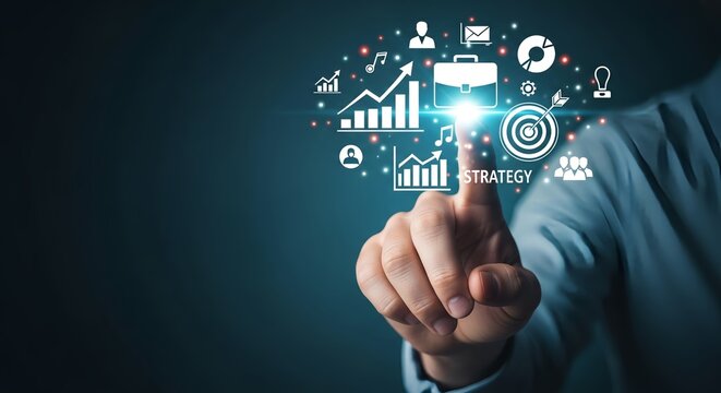 Modern digital business strategy with a finger touching interface, for growth success