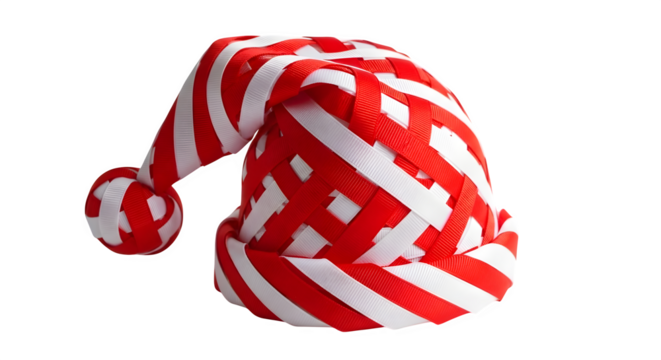 Striped santa hat with red and white pattern isolated on transparent background, a symbol of christmas and new year