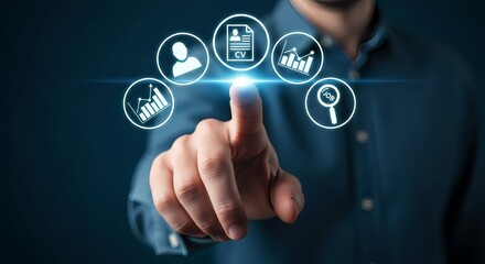 Modern job search interface with virtual career icons and finger touch control