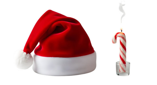 Festive santa hat and candy cane candle isolated on transparent background, a whimsical holiday scene with a touch of christmas cheer