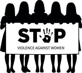 Vector silhouette of women holding a sign that says stop violence against women with a hand print on it