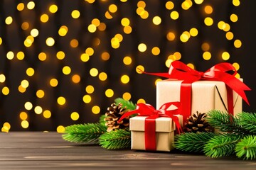 Festive Gift Boxes with Red Ribbons and Pine Cones