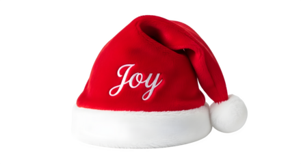 A festive santa claus hat with the word joy embroidered on it, isolated on transparent background