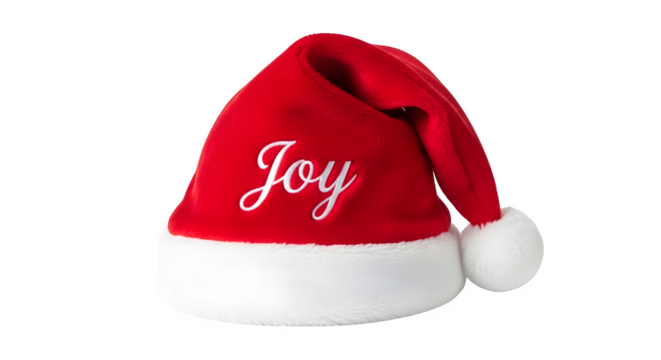 A festive santa claus hat with the word joy embroidered on it, isolated on transparent background
