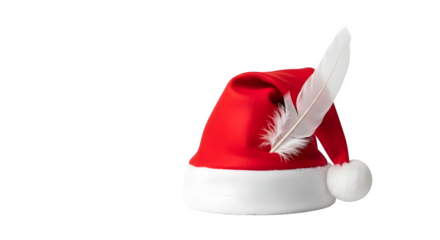 A red santa claus hat with a white feather, isolated on transparent background