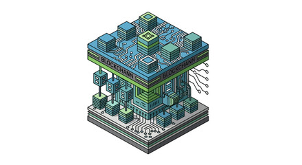 Blockchain technology illustration with circuit board connections for cryptocurrency platform design and decentralized system solutions, originally a scalable vector graphic