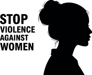 Vector silhouette profile of a woman with a bun and the text stop violence against women in bold letters