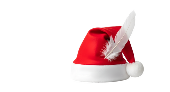 A red santa claus hat with a white feather, isolated on transparent background